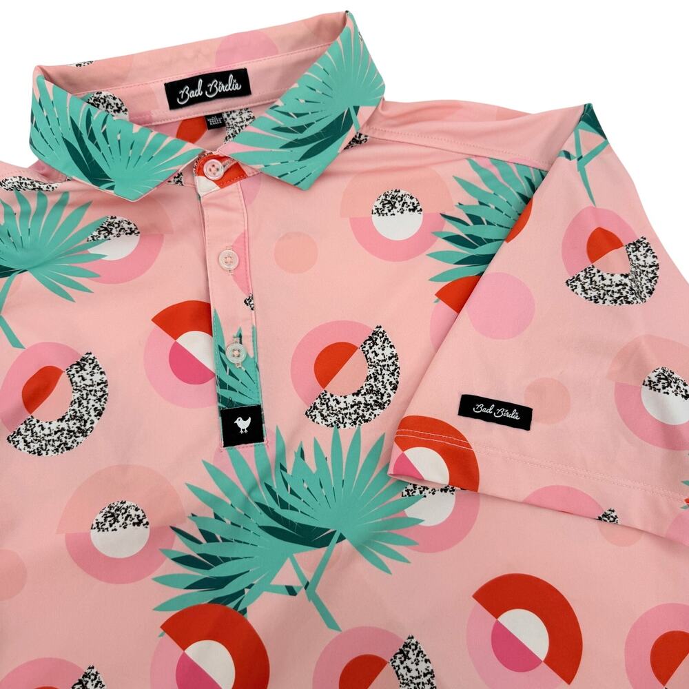 Bad‎ Birdie Shirt Mens Medium Pink Blue Abstract Floral Performance Polo
